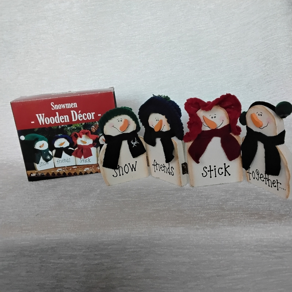 Vintage Snowman Friends Wooden Decor Set "Snow Friends Stick Together" FOLDABLE - Picture 2 of 11